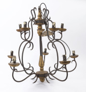 A five branch iron and giltwood hanging light, late 20th century, ​75cm high, 80cm wide