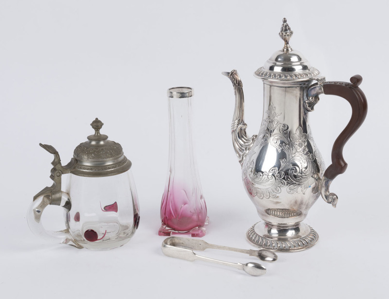 Sheffield plate coffee pot, silver mounted glass vase, silver plated sugar tongs and a glass and pewter tankard, 19th and 20th century, (4 items), the coffee pot 30cm high