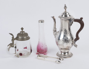 Sheffield plate coffee pot, silver mounted glass vase, silver plated sugar tongs and a glass and pewter tankard, 19th and 20th century, (4 items), the coffee pot 30cm high