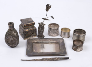 Chinese and Japanese silver inkpot, pen, tray, bottle, vase and four napkin rings, early 20th century, the bottle 9cm high