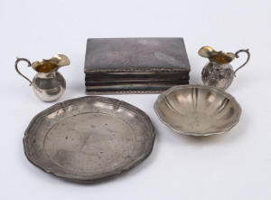 German silver jewellery box, two dishes and a pair of cream jugs, early 20th century, (5 items), crown and crescent 800 marks, the box 14cm wide