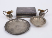 German silver jewellery box, two dishes and a pair of cream jugs, early 20th century, (5 items), crown and crescent 800 marks, ​the box 14cm wide
