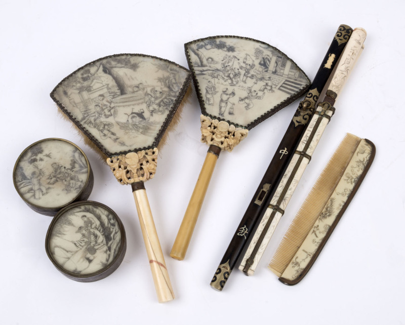 Chinese vanity ware and chopstick/knife sets, early 20th century, (7 items), the mirror 27cm high