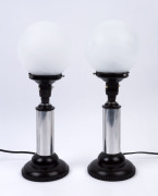 A pair of Art Deco table lamps and shades, bakelite, chrome and glass, 43cm high