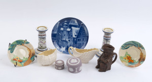 BELLEEK Irish porcelain milk jug and bowl, two CLARICE CLIFF Bizarre Ware saucers, two WEDGWOOD jasper ware boxes, a Toby jug, German plate, and pair of Portuguese porcelain candle sticks, 20th century, (10 items), the plate 19.5cm diameter