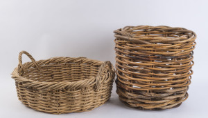 A woven cane apple basket together with an antique basket plus picnic basket (lot 978),