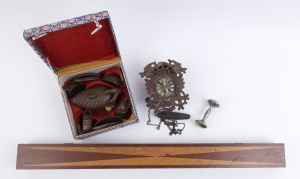 Japanese pottery tea set, baby rattle, miniature wall clock and a billiard cue box, 20th century, (4 items), ​the box 79cm long