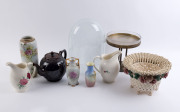 Porcelain vases, jugs, glass dome, pottery teapot and a metal and crystal compote (9 items), 19th and 20th century, the dome 43cm high