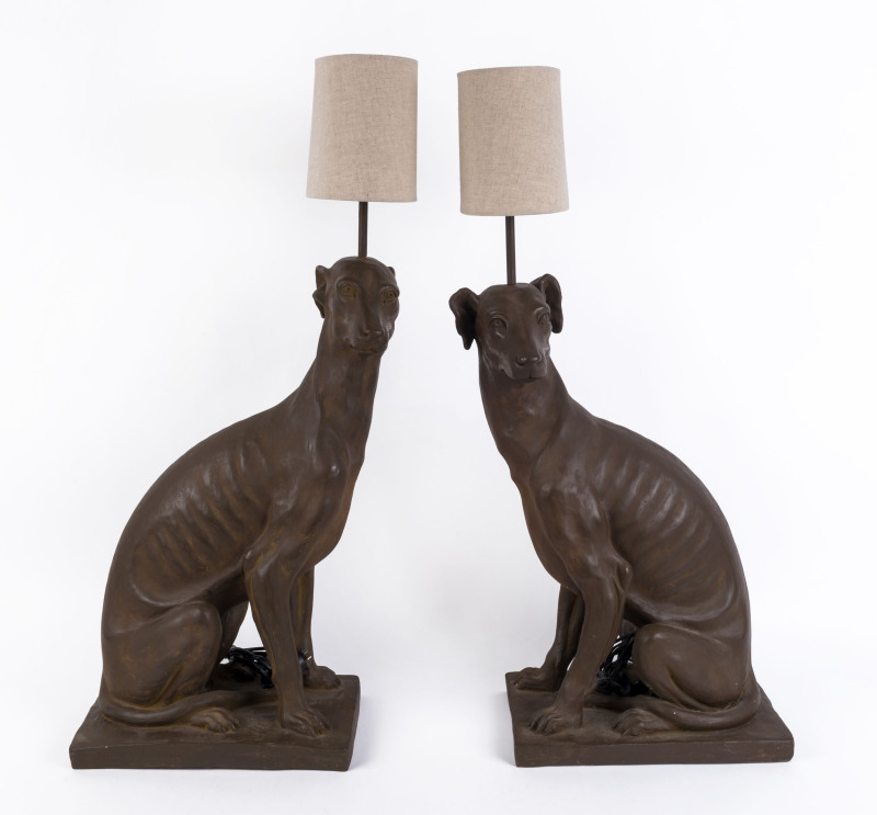 A pair of greyhound cast resin floor lamps, ​92cm high