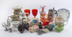 Victorian pink glass jug, goblets, stein, Italian urn, porcelain table ware, cloisonne box, jewellery boxes, swan condiments, tankard etc, (32 items), the urn 22cm high