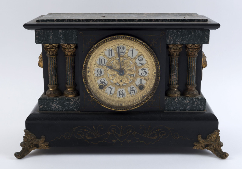 SETH THOMAS mantel clock, time and strike movement in faux marble case, late 19th century, ​27cm high, 43cm wide