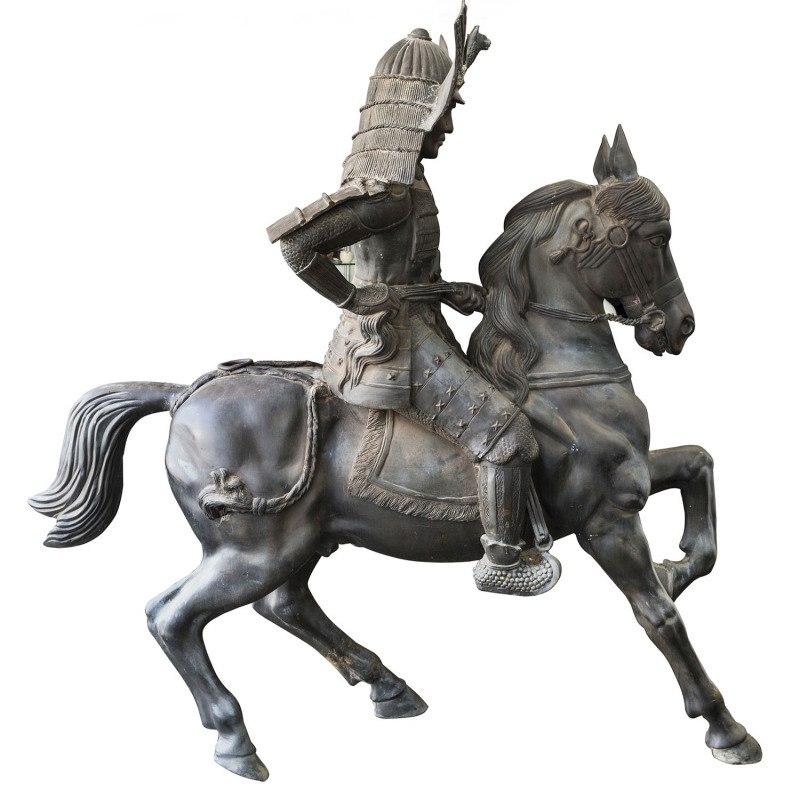 An impressive near life-size Japanese Samurai and horse statue, cast bronze, Meiji period early 20th century. Originally displayed just outside Nagoya, Honshu Island, Japan. Has been in Australia since the late 1940's and on display in a private residence