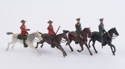 BRITAINS: - 54mm Hollow Cast Lead - Assorted Military Figures Mounted on Horseback: including Australian Army Officers (3), Canadian Mounties (3), Danish Cavalryman & French Cuirassiers (9); most with the weapon-carrying arm articulated. (19 items) - 6