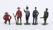 BRITAINS: - 54mm Hollow Cast Lead - Diverse Selection: in early 20th century uniforms or battledress with stretcher bearers, stretchers and injured soldiers, Canadian Mounties, Dragoons, British soldiers in khaki uniforms firing rifles (9), and various mi - 10