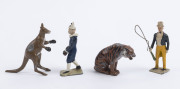 BRITAINS: - Hollow Cast Lead - Circus Figures: c.1950s group including Elephants (3), Tiger, Boxing Kangaroo (with gloves), Clowns (3) two with boxing gloves, circus horses (7) and female horse acrobat, "Tall Man" (height 9cm), Ringmaster, etc; few figure - 4