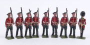 BRITAINS: - 54mm Hollow Cast Lead - Finely Painted Group of British Military Figures: including Royal Regiment of Scotland figures wearings trews (8), Scottish Bagpipe Players (3), Stretcher Bearers (2) with stretcher, Coldstream Guards with Bearskin Hats - 2