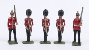 BRITAINS: - 54mm Hollow Cast Lead - Finely Painted Group of British Military Figures: including Royal Regiment of Scotland figures wearings trews (8), Scottish Bagpipe Players (3), Stretcher Bearers (2) with stretcher, Coldstream Guards with Bearskin Hats - 4