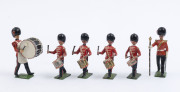 BRITAINS: - 54mm Hollow Cast Lead - Band of the Coldstream Guards plus associated Regiment figures: group of figures including Bass Drummer, Snare Drummers (3) & Drum Major, also Sappers carrying axes (10); many figures with one or two arms articulated. ( - 3