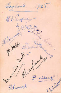 1928-29 ENGLAND TEAM, autograph page with 12 signatures including Percy Chapman (captain), J.B.Hoobs, Douglas Jardine (captain of the 1932-33 Bodyline team), Maurice Tate & Harold Larwood. Also another page signed by two umpires in Victoria v England matc