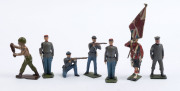 BRITAINS: - 54mm Hollow Cast Lead - Mostly Overseas Military Selection: c.1950s group of figures including Abyssinian Bodyguards (2), Egyptian, French Foreign Legion plus a French Zouave, NZ and Venezuelan; some figures with animated weapon-carrying arm. - 3