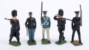 BRITAINS: - 54mm Hollow Cast Lead - Mostly Overseas Military Selection: c.1950s group of figures including Abyssinian Bodyguards (2), Egyptian, French Foreign Legion plus a French Zouave, NZ and Venezuelan; some figures with animated weapon-carrying arm. - 5