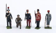 BRITAINS: - 54mm Hollow Cast Lead - Mostly Overseas Military Selection: c.1950s group of figures including Abyssinian Bodyguards (2), Egyptian, French Foreign Legion plus a French Zouave, NZ and Venezuelan; some figures with animated weapon-carrying arm. - 7