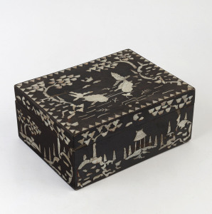 An antique Chinese deed box, mother of pearl and lacquer with koi carp motif, Qing Dynasty, 19th century, 12cm high, 28cm wide, 21cm deep