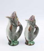 Two antique majolica fish jugs with pink glazed interiors, 19th century, 26cm and 29cm high