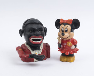 MINNIE MOUSE: vintage Minnie Mouse money box, together with a reproduction cast iron money box, 20th century, (2 items), 14cm and 15cm high.