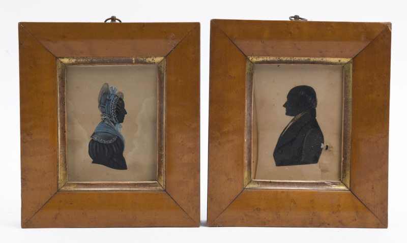 A pair of English Regency portrait miniatures in original satin birch frames, early 19th century, faint inscription verso possibly Mr. and Mrs. Johnson, 18.5 x 16cm overall
