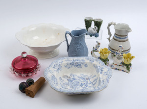 Antique English porcelain jugs and bowls, ruby glass lidded bowl, spinning tops and three ceramic candle holders, 19th and 20th century, (11 items), the taller jug 17cm high