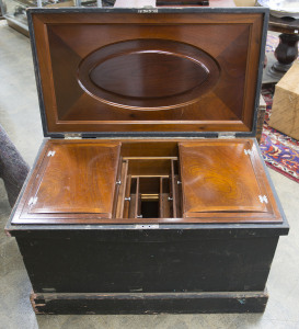 A carpenter's antique toolbox, spectacularly fitted with compartments with fine mahogany veneer work, 19th century, 60cm high, 102cm wide, 56cm deep