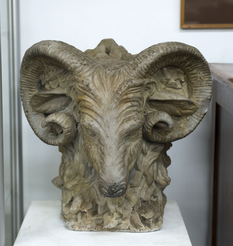 A Victorian ceramic ram's head architectural feature, 19th century, 37cm high, 37cm wide, 30cm deep