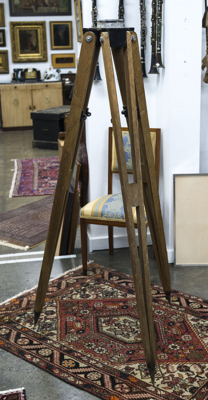 A vintage tripod instrument stand, hardwood and metal, early 20th century, 165cm high