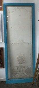 A set of three Belle Epoche French antique shop doors, attractive acid etched glass with painted timber surrounds, 19th century, the largest 235cm high, 92.5cm wide, the remaining two 235cm high, 87cm wide