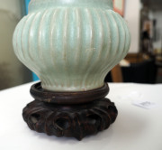 A Chinese Longquan green celadon ribbed vase, Southern Song Dynasty, circa 1300, with later carved wooden stand, the vase 10.5cm high, 13.5cm diameter - 5