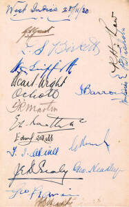 1930-31 WEST INDIES TEAM TO AUSTRALIA, autograph page with 17 signatures including George Headley (the black Bradman), Jackie grant (captain) & Herman Griffith; also the two umpires in the Victoria v West Indies match. From the collection of umpire Herber