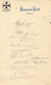 c1931-32 AUSTRALIAN TEAM, "Lennons Hotel, Brisbane" letterhead with 11 signatures including Bill Woodfull, Don Bradman, Jack Nitschke & Laurie Nash.