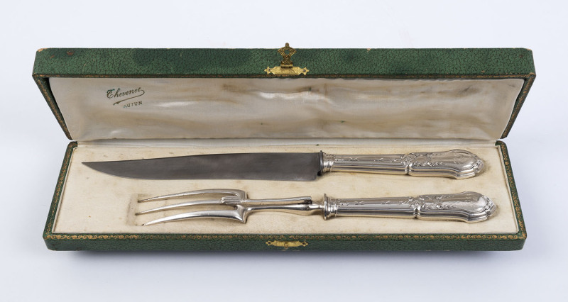 A French silver handled antique carving set in original box, signed "Chevent Autun", the box 37cm wide