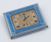 A Swiss travel clock, silver with stunning blue guilloché enamel, in original plush fitted leather box with original key, early 20th century, retailed by Theodore B. Starr Inc, New York, marked "Majestic Watch Co. Swiss", 7cm high, 8.5cm wide - 2