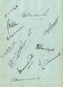 1932-33 ENGLAND "BODY-LINE" TEAM, autograph pages (2) with 15 signatures including R.E.S.Wyatt (twice), Herbert Sutcliffe, Walter Hammond & Harold Larwood. (No Douglas Jardine). G/VG condition.