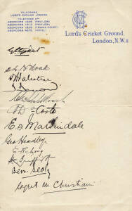 1933 WEST INDIES TEAM, "Lord's Cricket Ground, London NW8" letterhead with 12 signatures including Jackie Grant (captain), George Headley (known as the black bradman), Herman Griffith & Manny Martindale. Fair/Good condition.