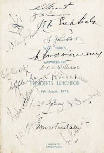 1939 WEST INDIES TEAM, menu "West Indies v Warwickshire, President's Luncheon, 9th August, 1939", with 17 signatures on front, including Rolph Grant (captain), George Headley (known as the 'Black Bradman'), Kenneth Weekes & Leslie Hylton (hanged in 1955 f