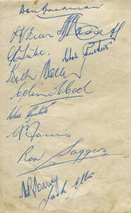 1946-47 AUSTRALIAN TEAM, autograph page with 12 signatures including Don Bradman, Lindsay Hassett & Fred Freer (in his only Test). In autograph book with no other signatures of note. Fair/Good condition.