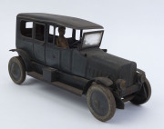 LARGE WIND-UP LIMOUSINE: lithographed tinplate car by Distler (Germany), with green body, black roof, intact running boards, and uniformed driver, two opening doors; c.1920s, length 30cm, height 15cm. - 3