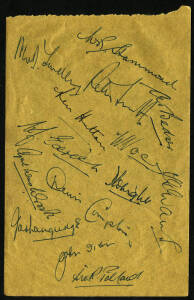 1946-47 ENGLAND TEAM, autograph page with 14 signatures including Walter hammond, Alec Bedser, Len Hutton & Bill Voce. G/VG condition.