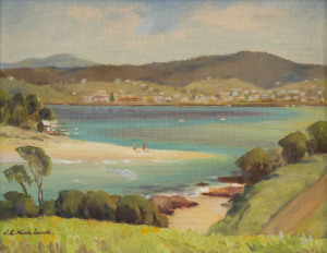 J. R. (Jack) KIRKLAND (Australia, 1907-66) "Merimbula Bar, High Tide", acrylic on board, 1959, 20 x 25cm.