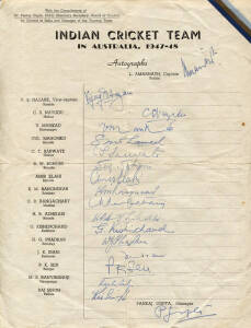 1947-48 Indian Team to Australia, official team sheet (scarce) with 18 signatures including L.Armanath, Vijay Hazare & Vinoo Mankad. Folded, otherwise good condition.