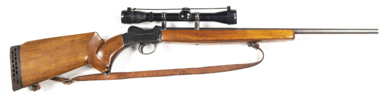 B.S.A. CADET SPORTING CONVERSION RIFLE: 222 Rimmed; s/shot; vg bore; 24" barrel fitted with a Bushnell 4X Banner scope with vg optics; vg profiles & C of A QLD markings; steel grey finish to lever & barrel; 85% original blue to action; vg pistol grip butt