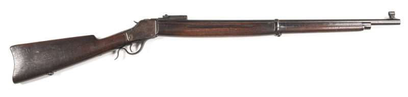 WINCHESTER 2ND MODEL 1885 HI-WALL WINDER MUSKET: 22 LR; s/shot; 28" barrel; f to g bore; globe front sight & military ladder type rear sight; 2 line Hartford address & Cal marking to barrel; Winchester trade mark to tang with 2 holes drilled & tapped for